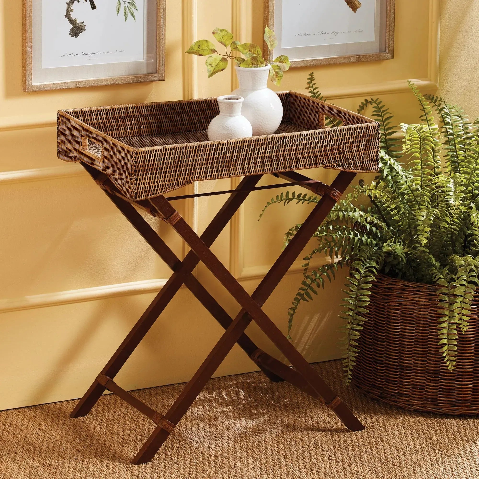 Bandeja Grande Reta em Rattan com Pés Bahali 65x45x75cm