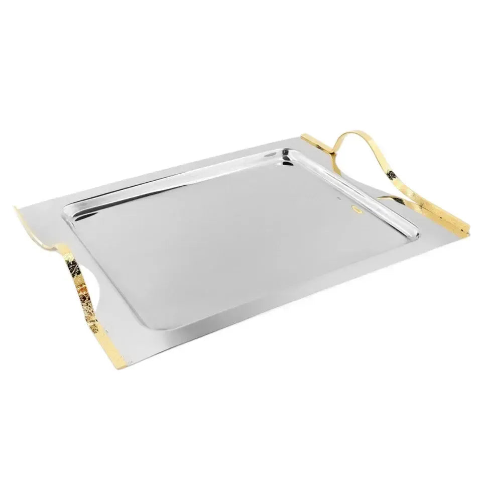 Bandeja Retangular Grande Craquele Inox com Detalhes em Ouro 24k Riva