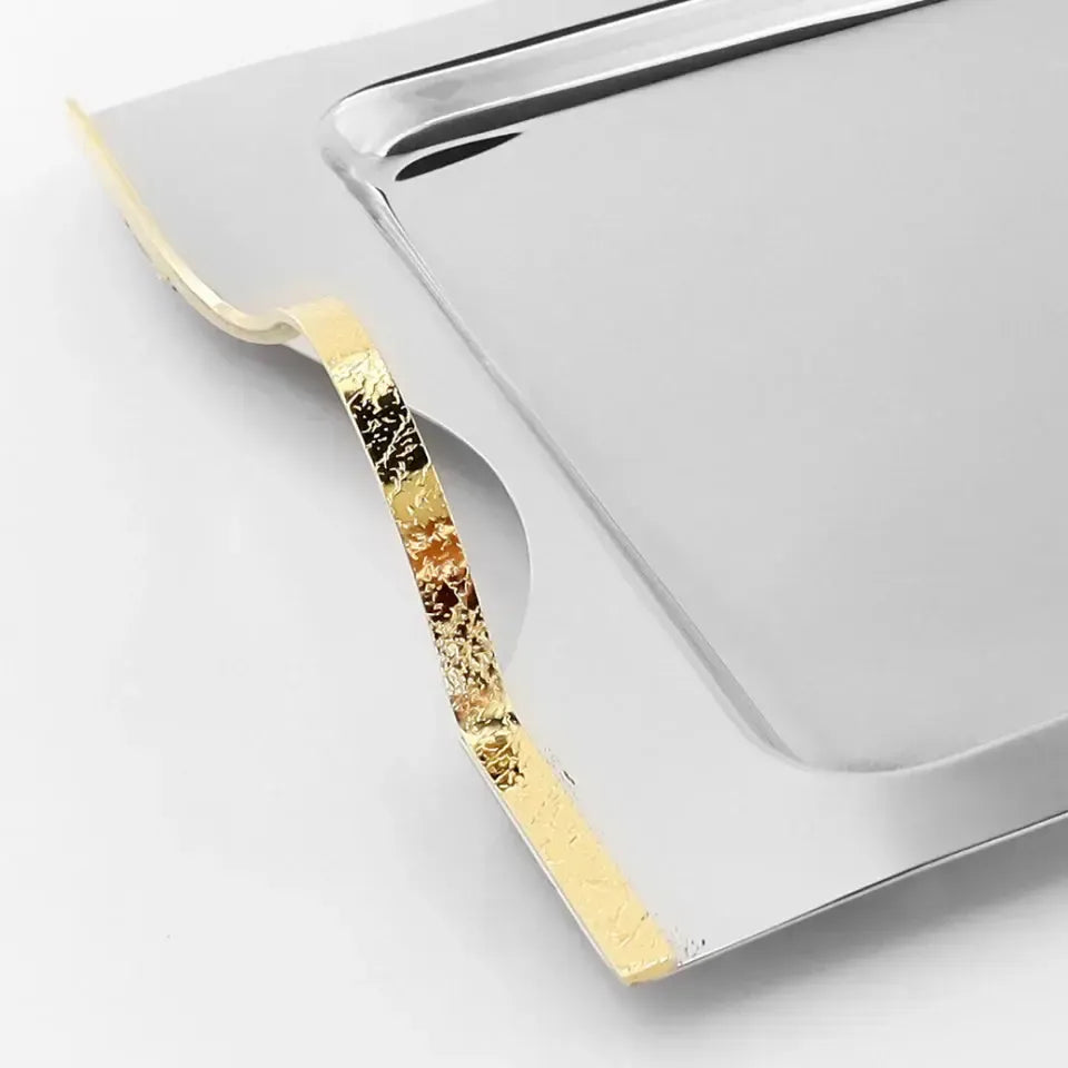 Bandeja Retangular Grande Craquele Inox com Detalhes em Ouro 24k Riva
