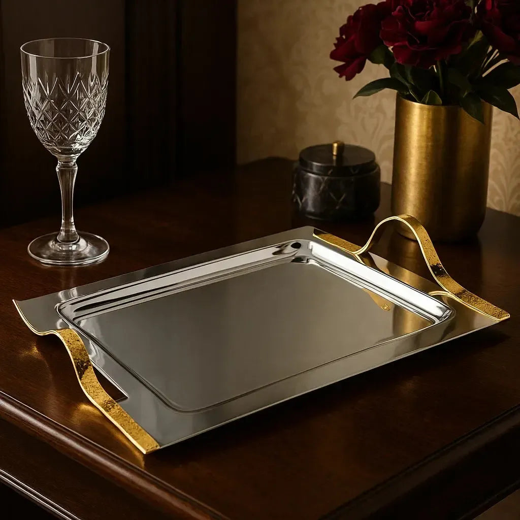 Bandeja Retangular Grande Craquele Inox com Detalhes em Ouro 24k Riva