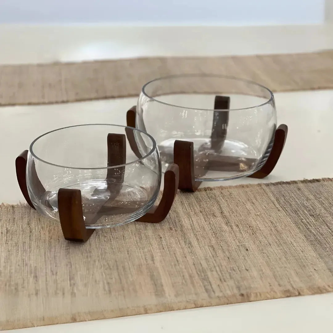 Bowl Vidro com Base de Madeira 21,7cm Linha Sintonia