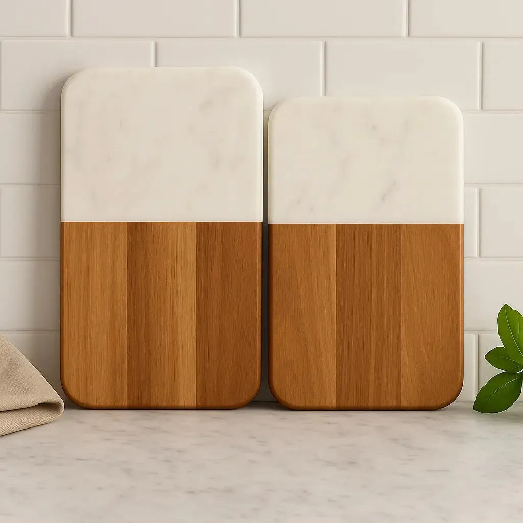 Conjunto 2 Tábuas Retangulares para Servir de Madeira e Mármore Branco