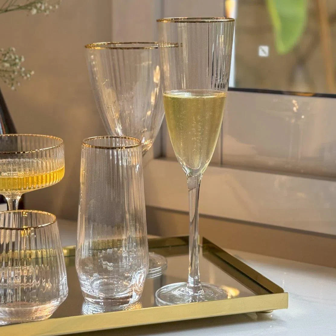 Jogo 2 Taças para Champagne Vidro Cristalino Borda Dourada Lines 300ml