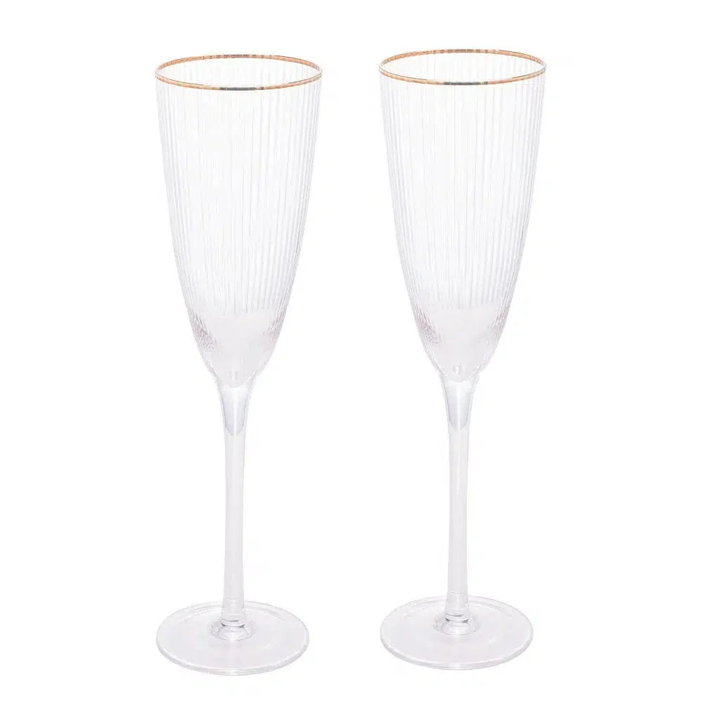 Jogo 2 Taças para Champagne Vidro Cristalino Borda Dourada Lines 300ml