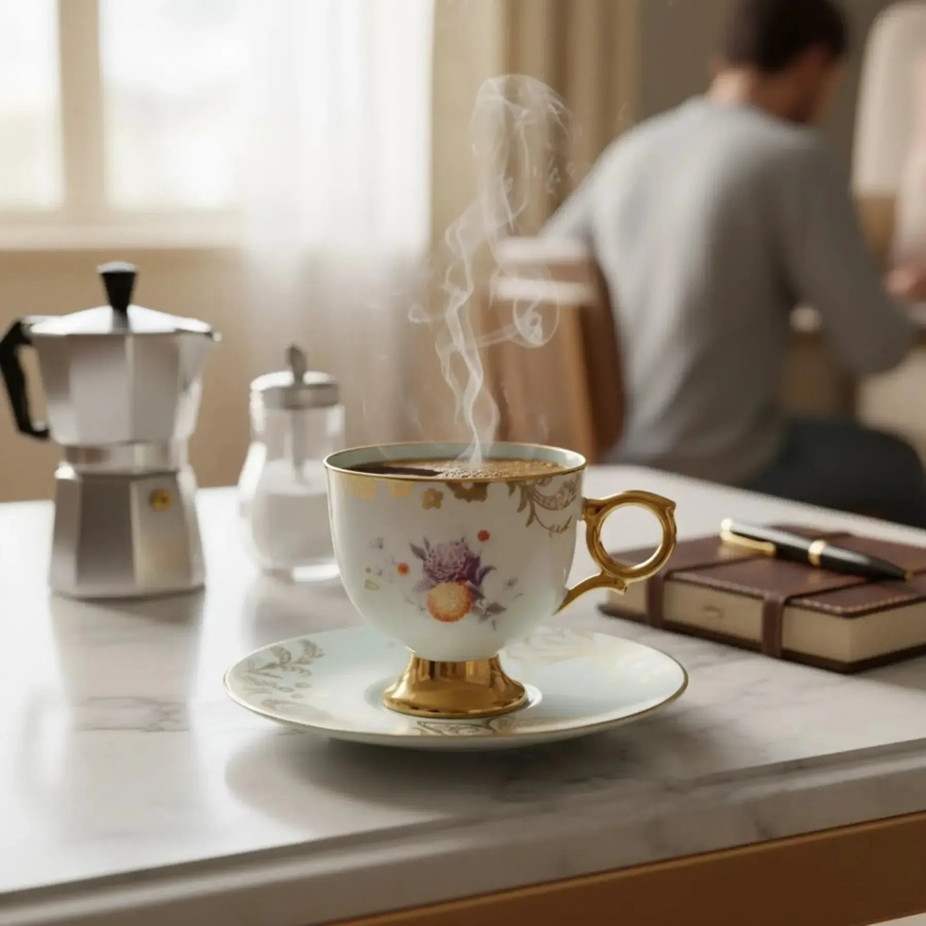 Jogo 4 Xícaras de Café com Pires New Bone China Madeleine Azul Borda Dourada 90ml L'Hermitage