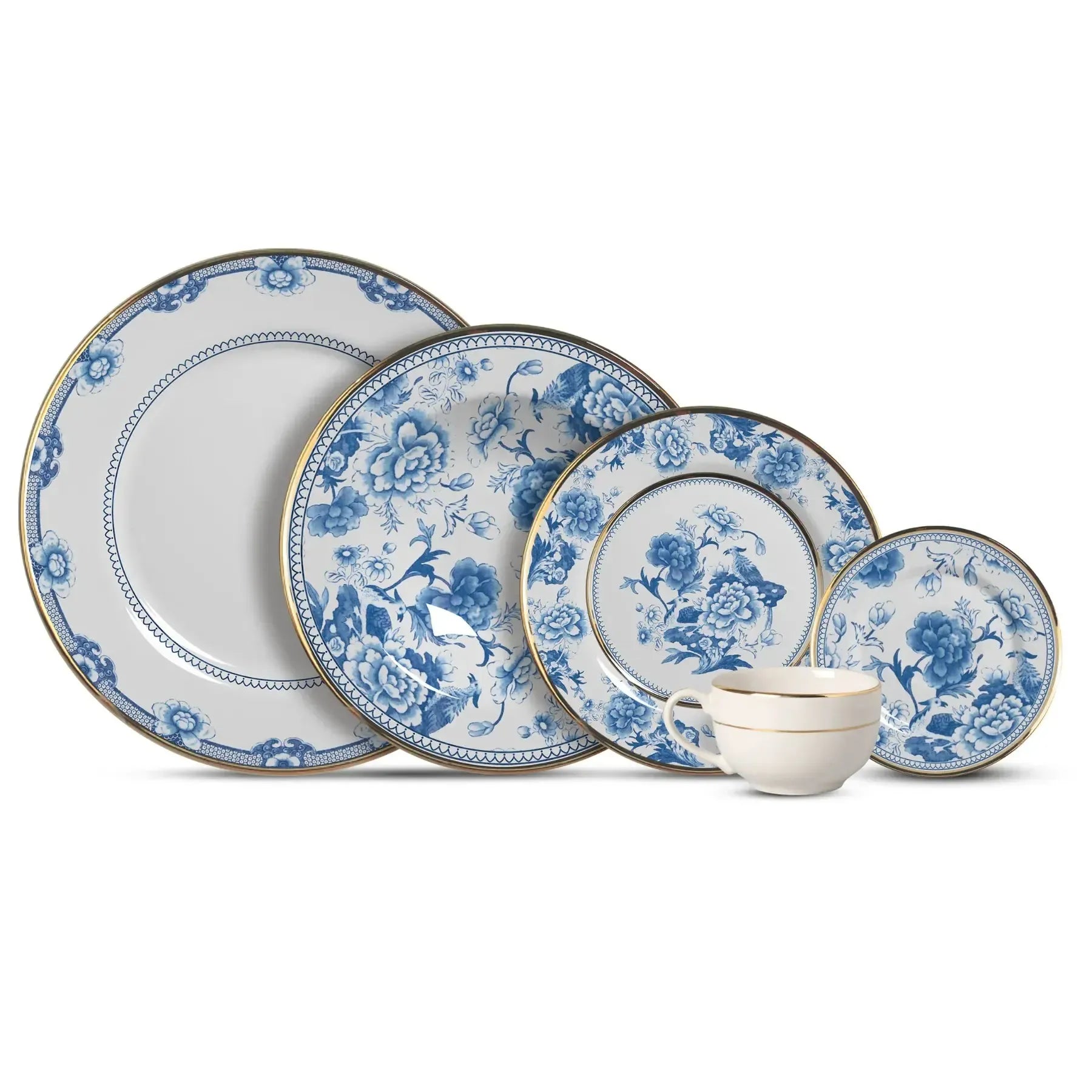 Jogo 6 Pratos Fundo Cerâmica Chinese Blue Filete Ouro 25cm Alleanza