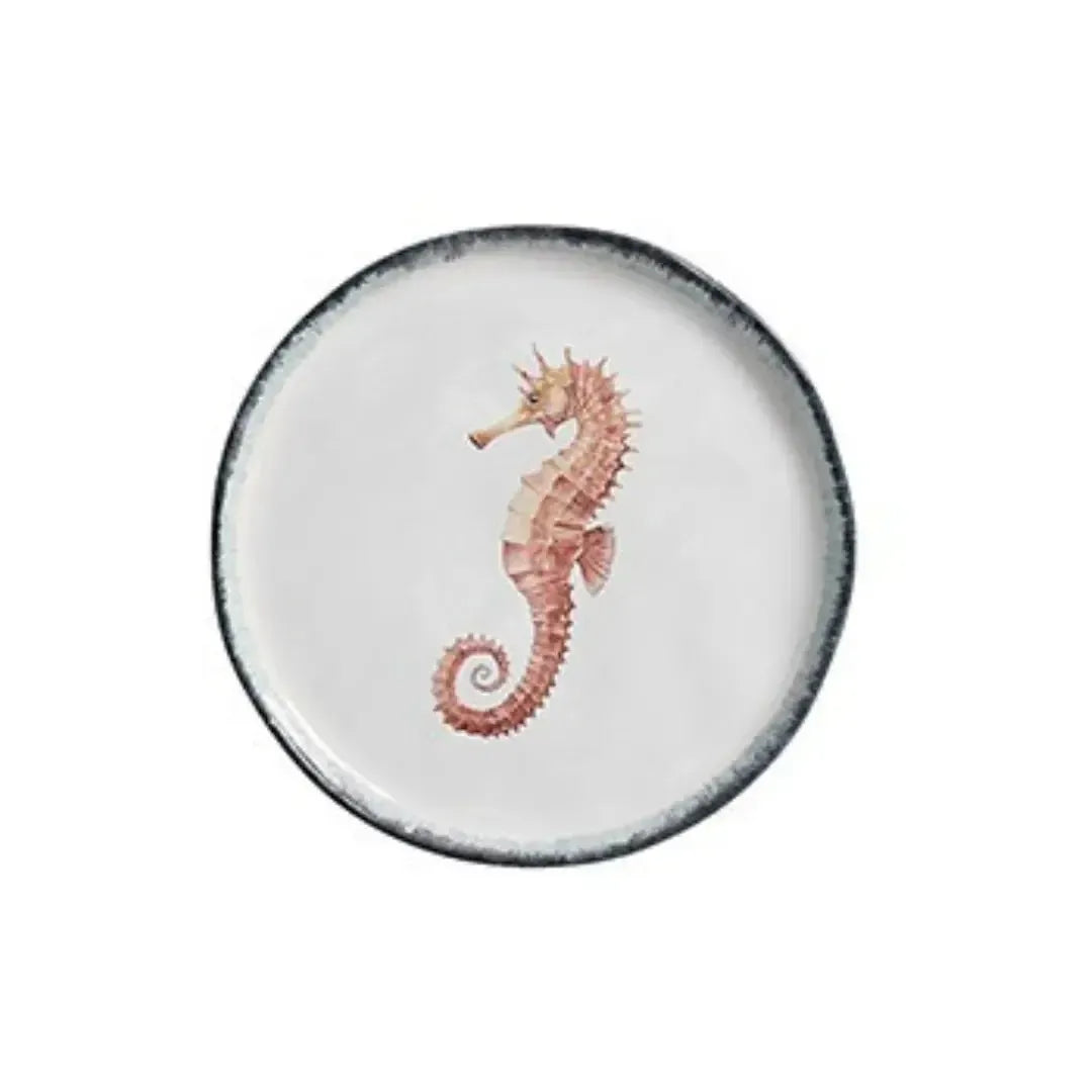 Jogo 6 Pratos Sobremesa Atlântica Cerâmica Estrela do Mar Cavalo Marinho Peixe 21cm Scalla