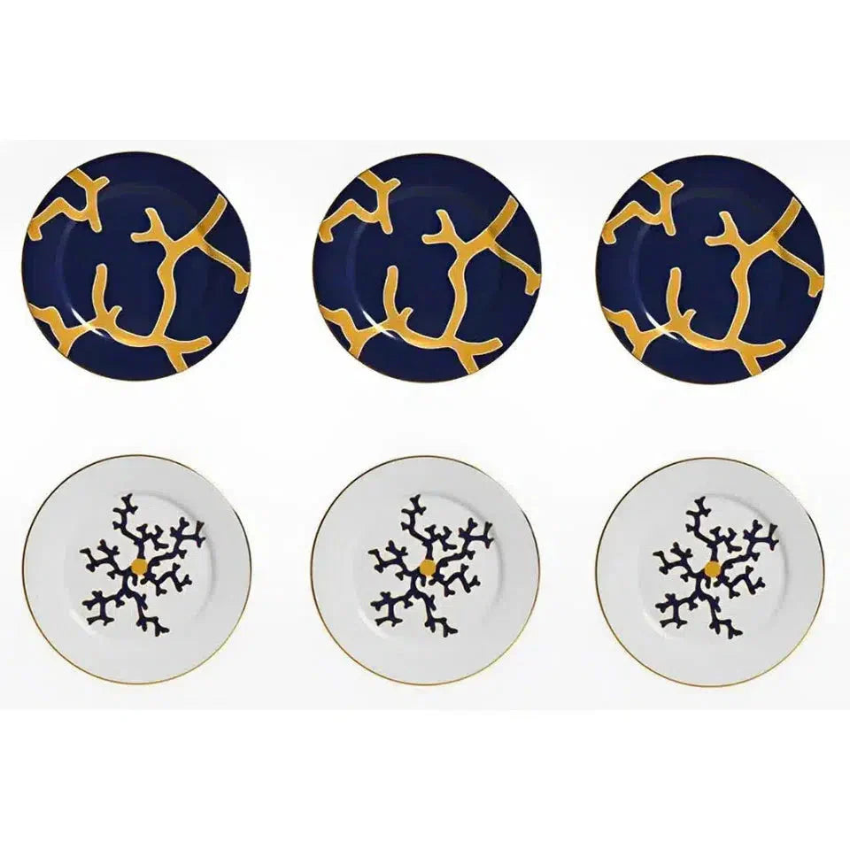 Jogo 6 Pratos de Sobremesa Cerâmica Coral Blue (Azul com Amarelo e Branco com Azul) 20,6cm Scalla