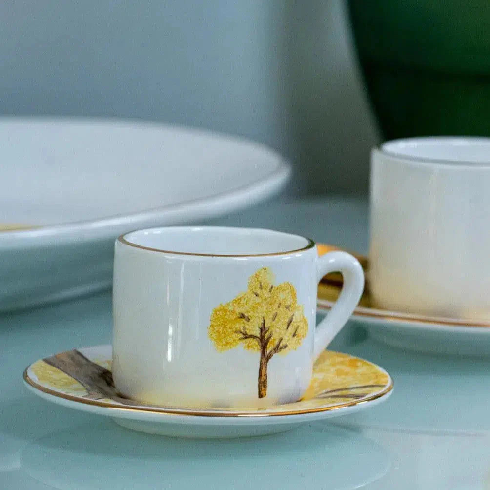 Jogo 6 Xícaras de Café com Pires Cerâmica Ypê Amarelo com Filete de Ouro 100ml Scalla