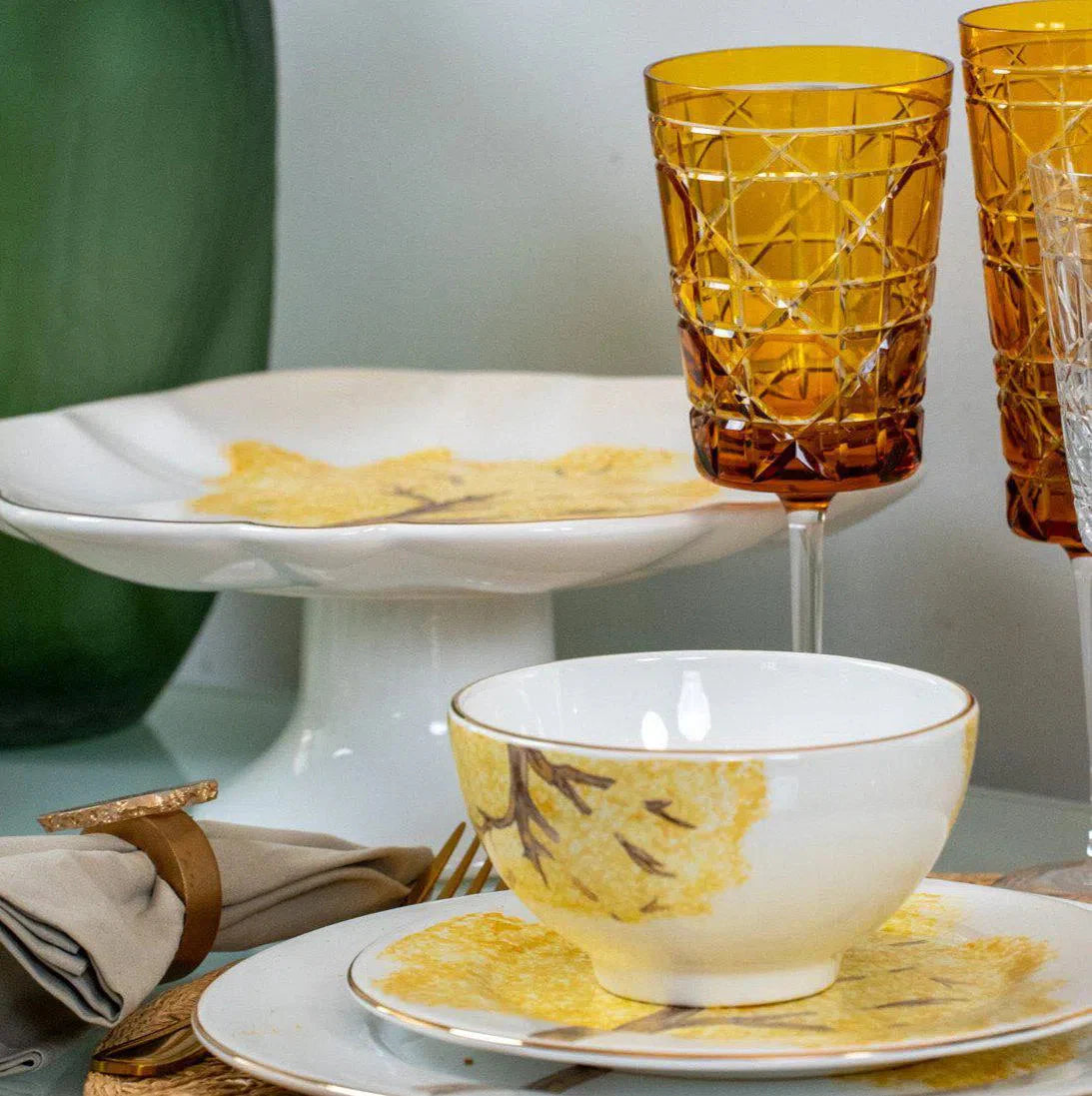 Jogo 6 Bowls Cerâmica Ypê Amarelo com Filete de Ouro 450ml 7cm Scalla
