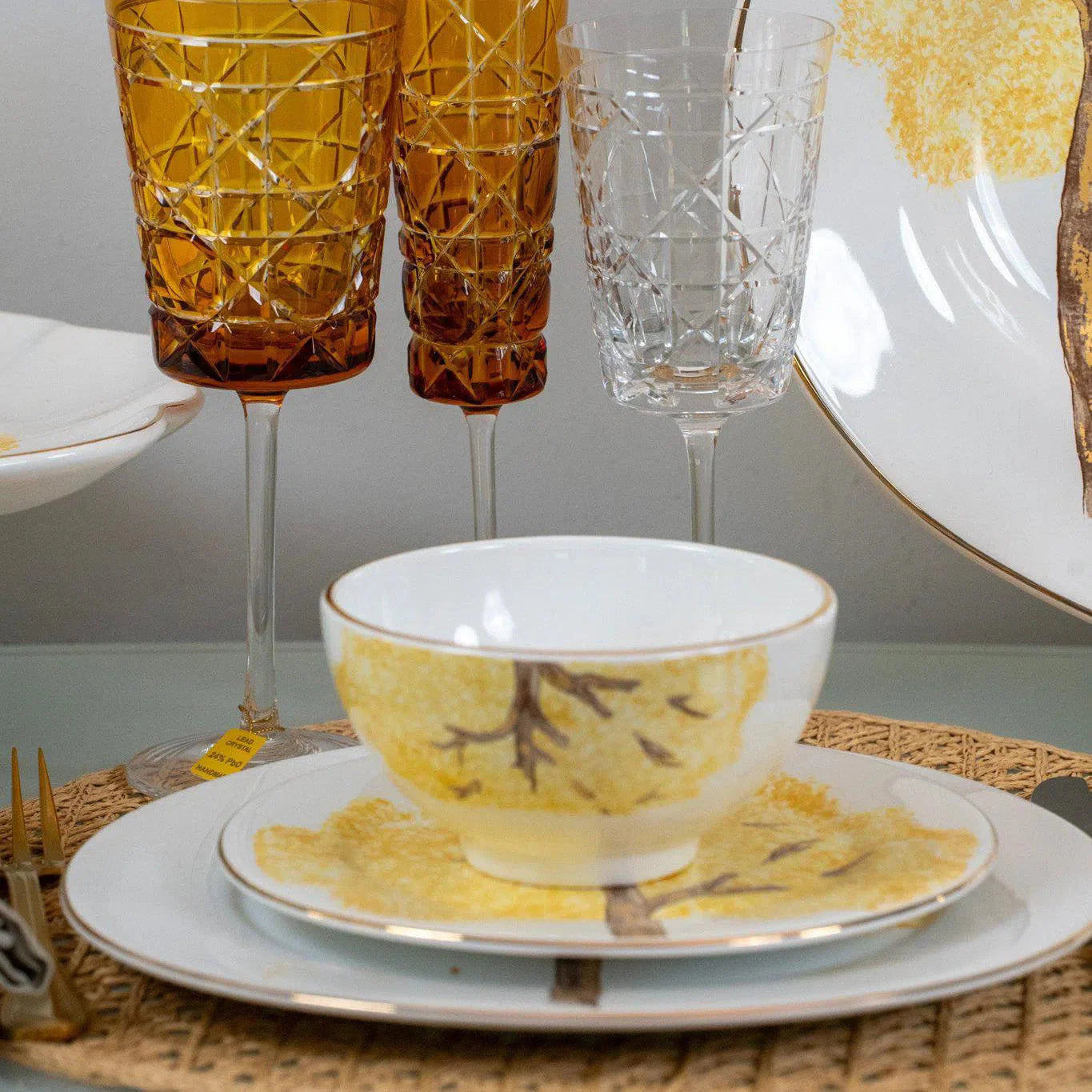 Jogo 6 Bowls Cerâmica Ypê Amarelo com Filete de Ouro 450ml 7cm Scalla