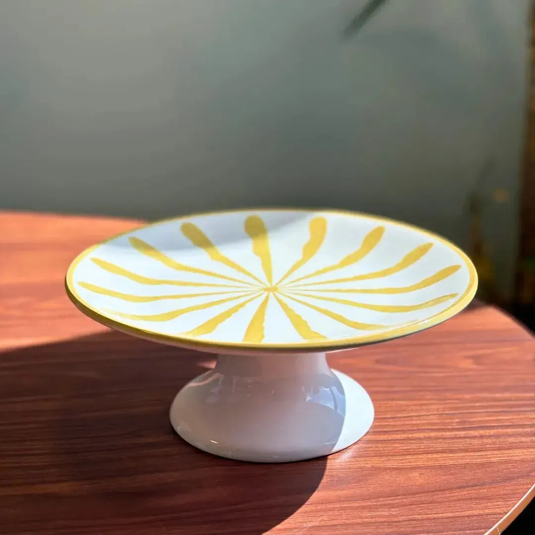 Porta Petit Four com Pé Cerâmica Piuma Amarelo Scalla