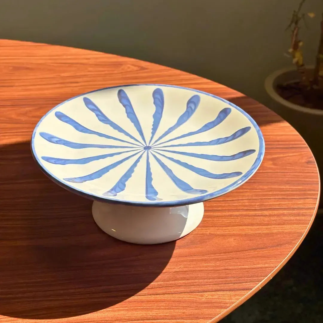 Porta Petit Four com Pé Cerâmica Piuma Azul Scalla