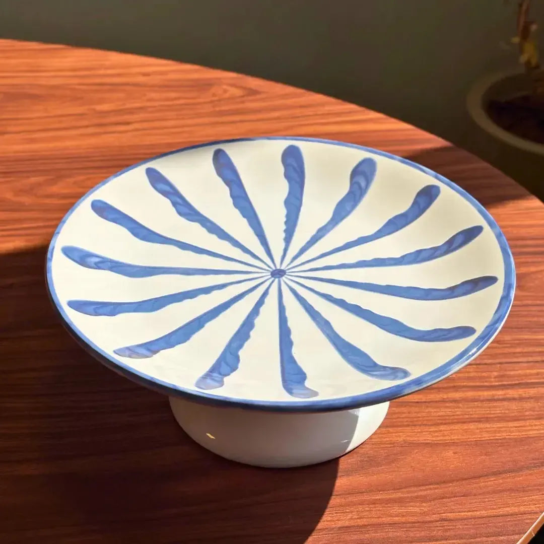 Porta Petit Four com Pé Cerâmica Piuma Azul Scalla