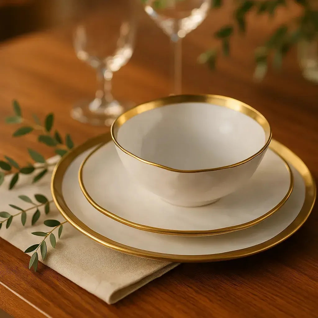 Prato de Sobremesa Porcelana Dubai Branco/Dourado 21cm