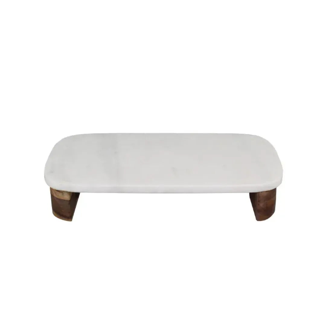 Tábua Retangular para Aperitivos Mármore Branco Pés de Madeira 5x30x18cm