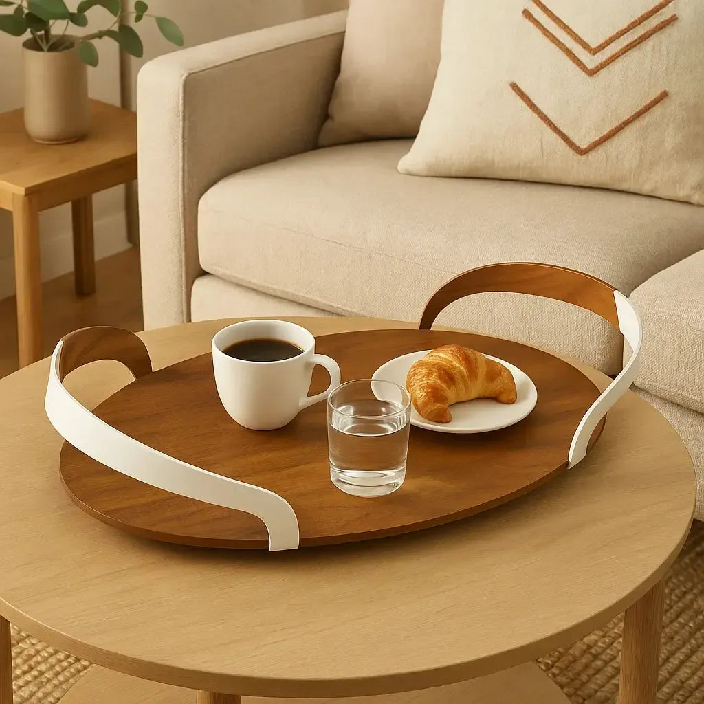 Bandeja Fundo Madeira e Alças de Prata Shefield Plate 60x32cm