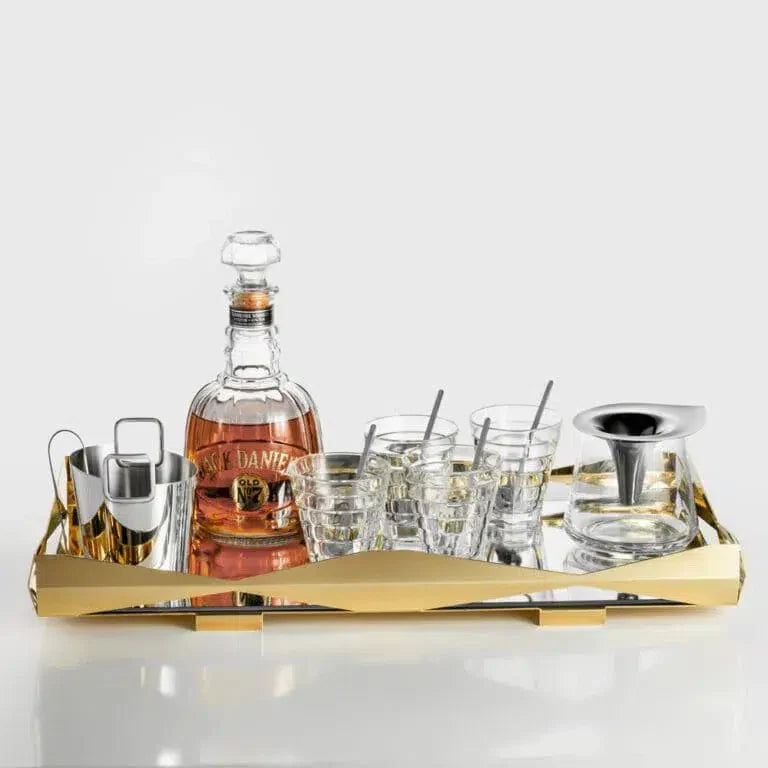 Bandeja Retangular Bar Origami Inox com Revestimento em Ouro 24k com Vidro Espelhado Riva