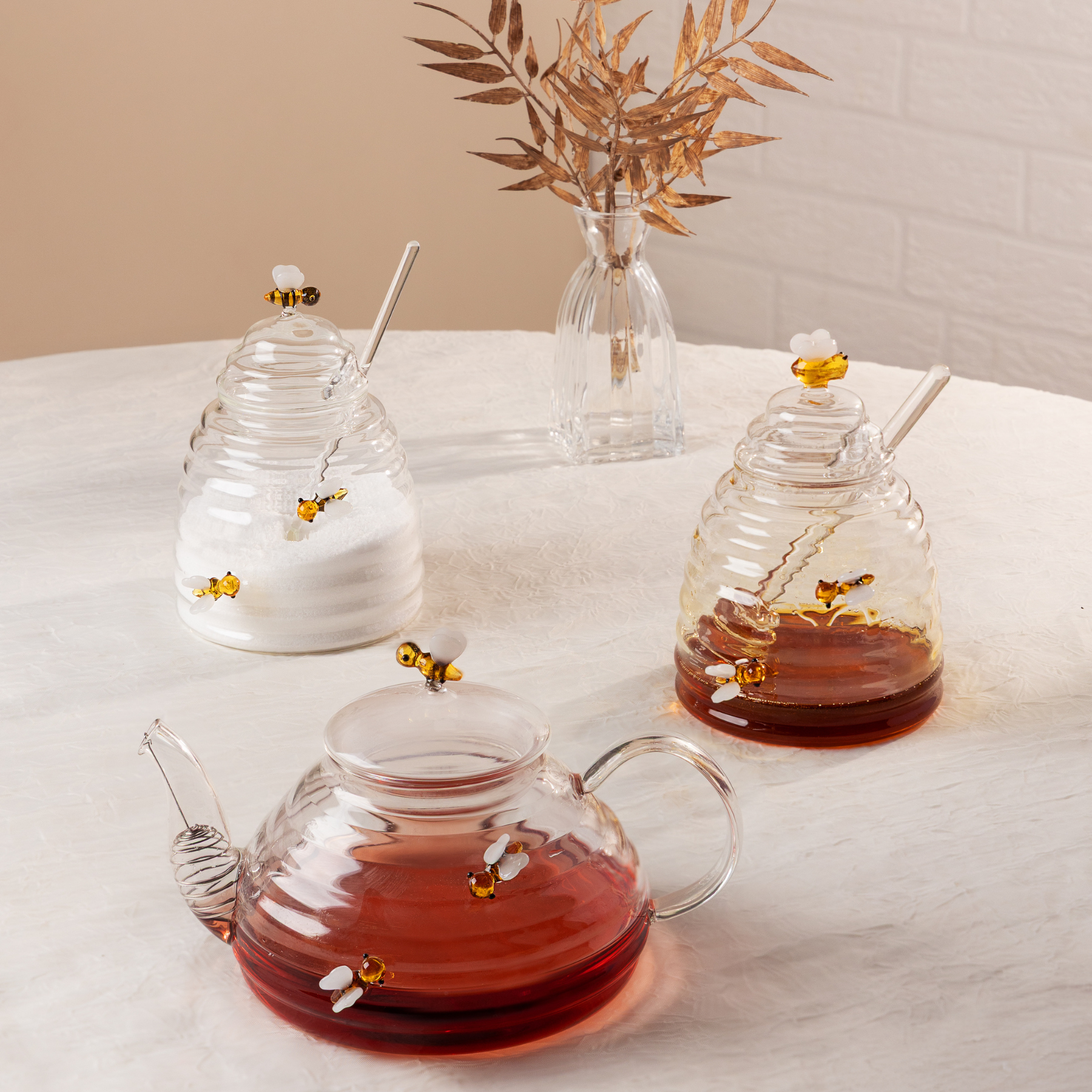 Açucareiro Vidro com Colher e Tampa Lovely Bee 500ml