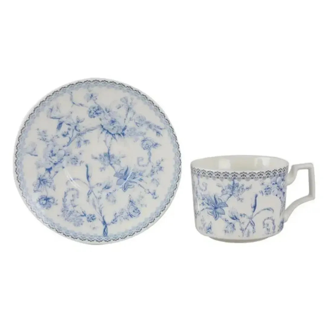 Jogo 4 Xícaras de Chá com Pires New Bone China Hortênsia 220ml Azul L'Hermitage