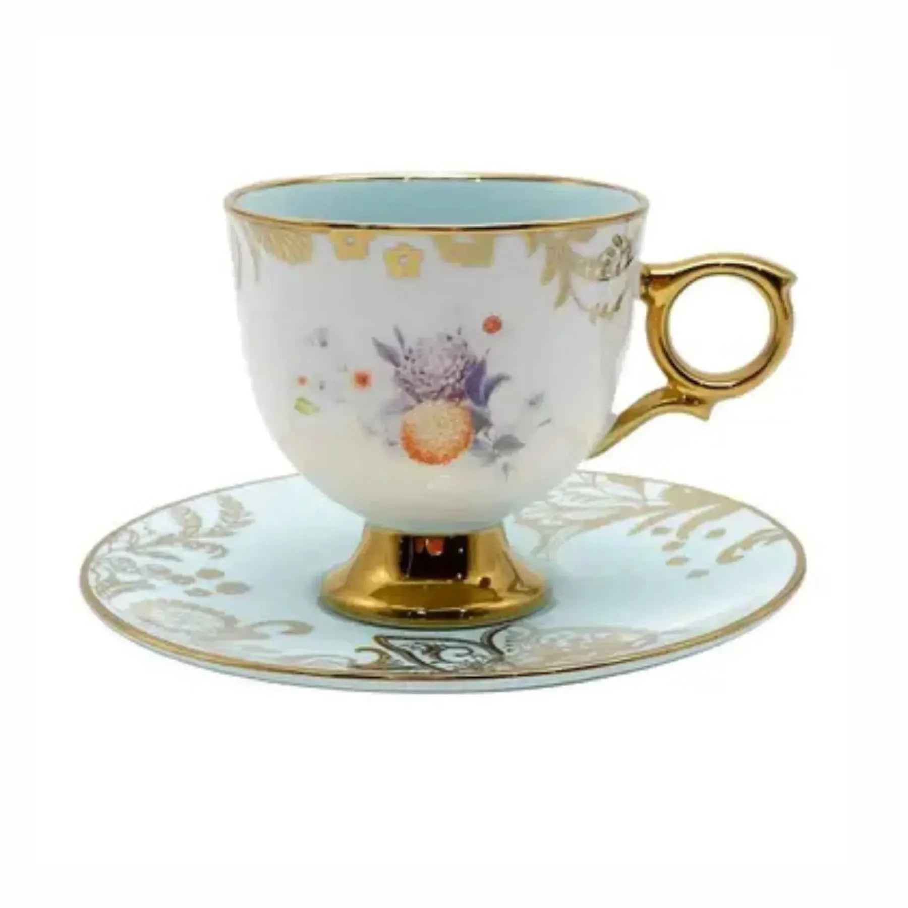 Jogo 4 Xícaras de Café com Pires New Bone China Madeleine Azul Borda Dourada 90ml L'Hermitage