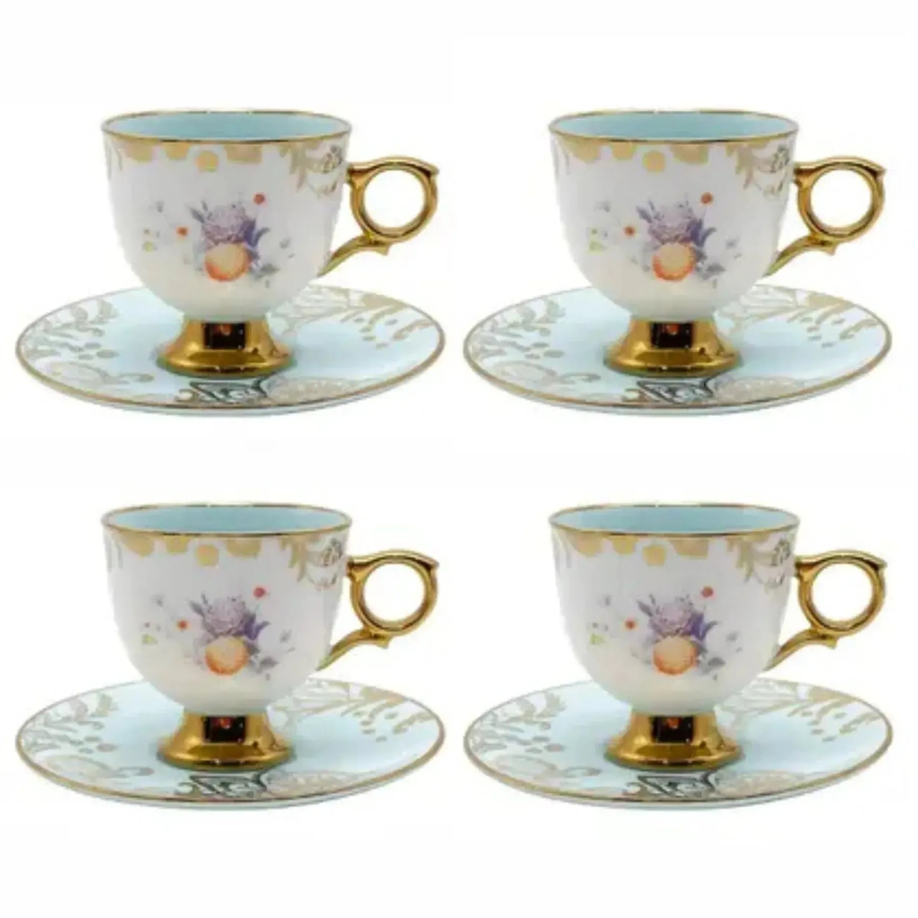 Jogo 4 Xícaras de Café com Pires New Bone China Madeleine Azul Borda Dourada 90ml L'Hermitage