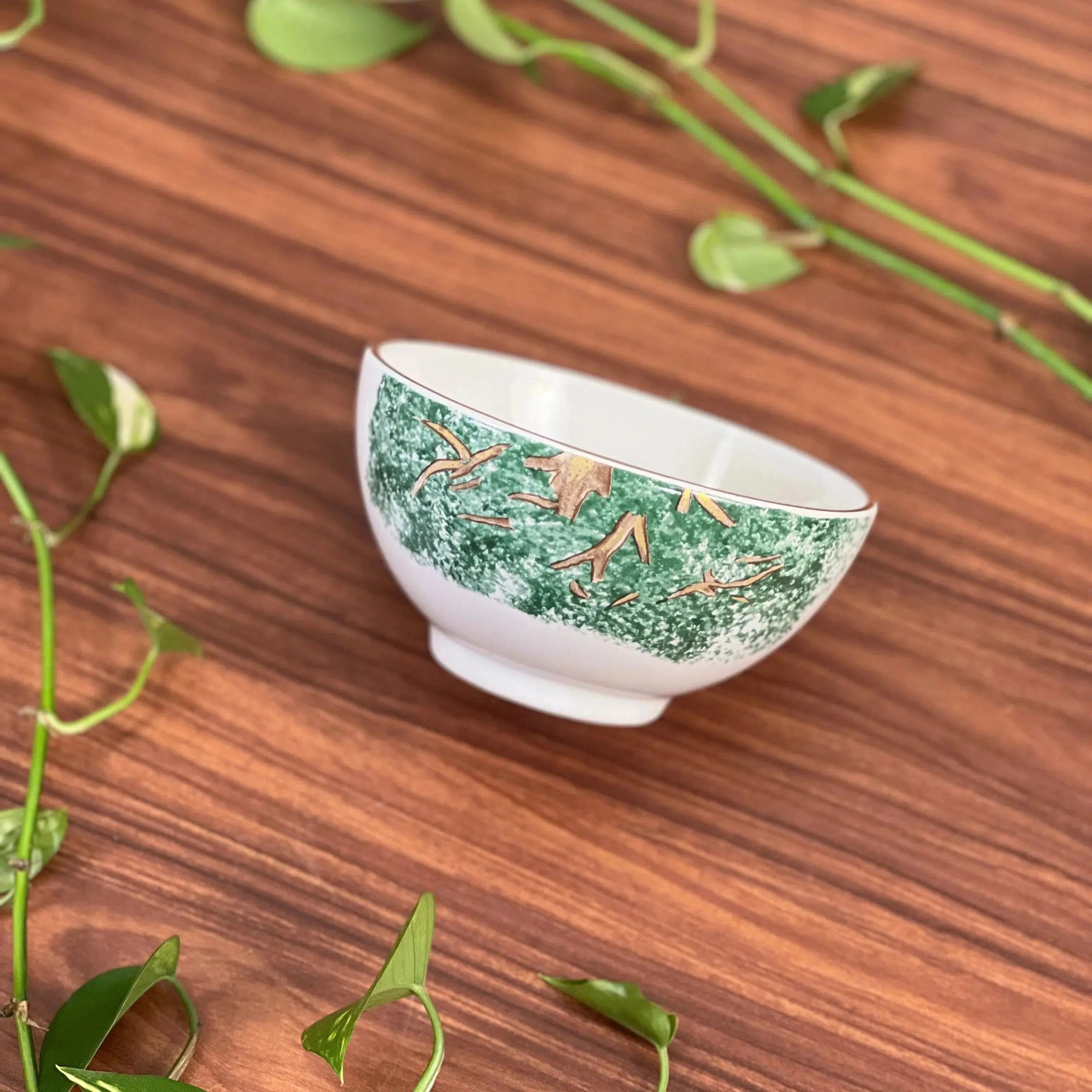 Jogo 6 Bowls Cerâmica Ypê Verde com Filete de Ouro 450ml 7cm Scalla