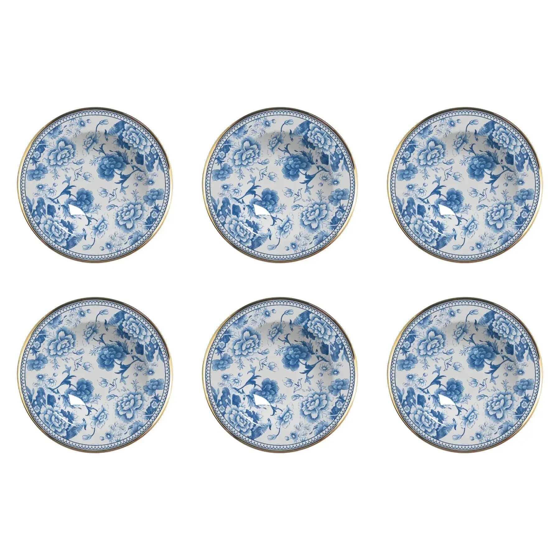 Jogo 6 Pratos Fundo Cerâmica Chinese Blue Filete Ouro 25cm Alleanza