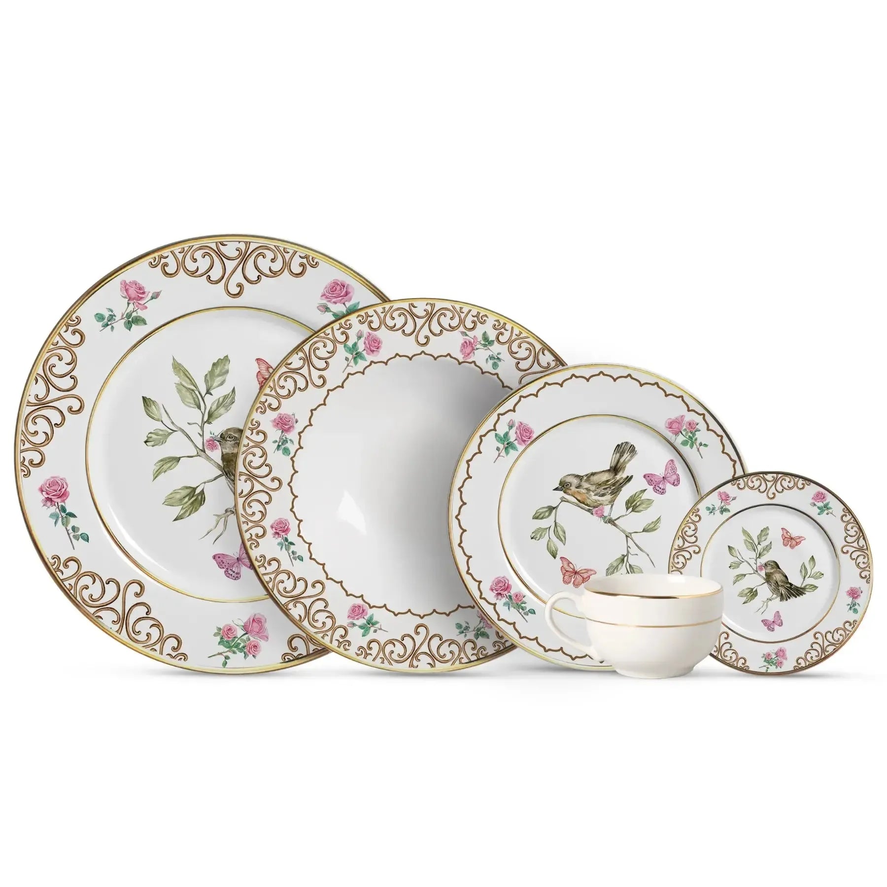 Jogo 6 Pratos Fundo Cerâmica Sweet Bird Filete Ouro 25cm Alleanza