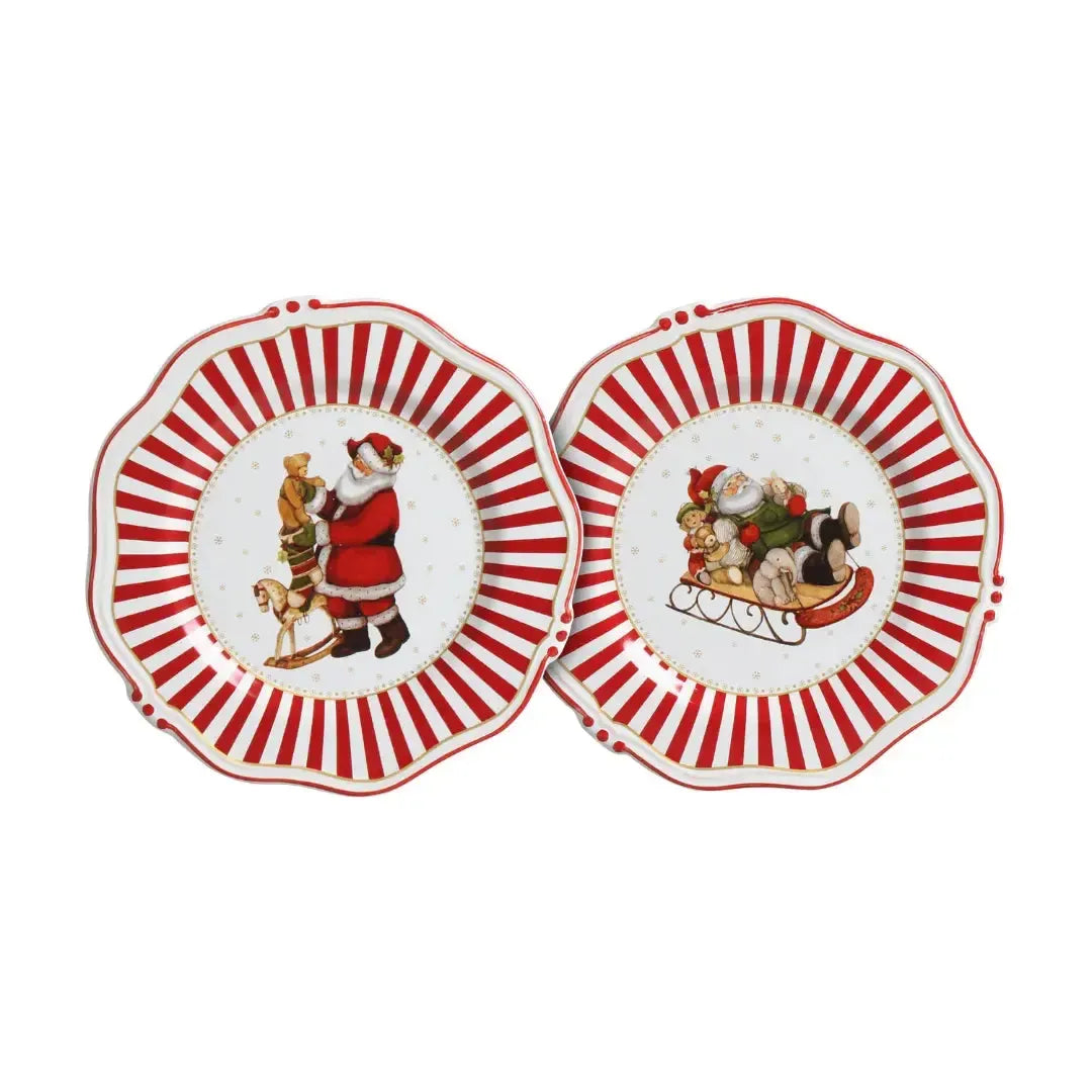 Jogo 6 Pratos Sobremesa Cerâmica Vermelho Filete Dourado Christmas Charm 21cm Scalla