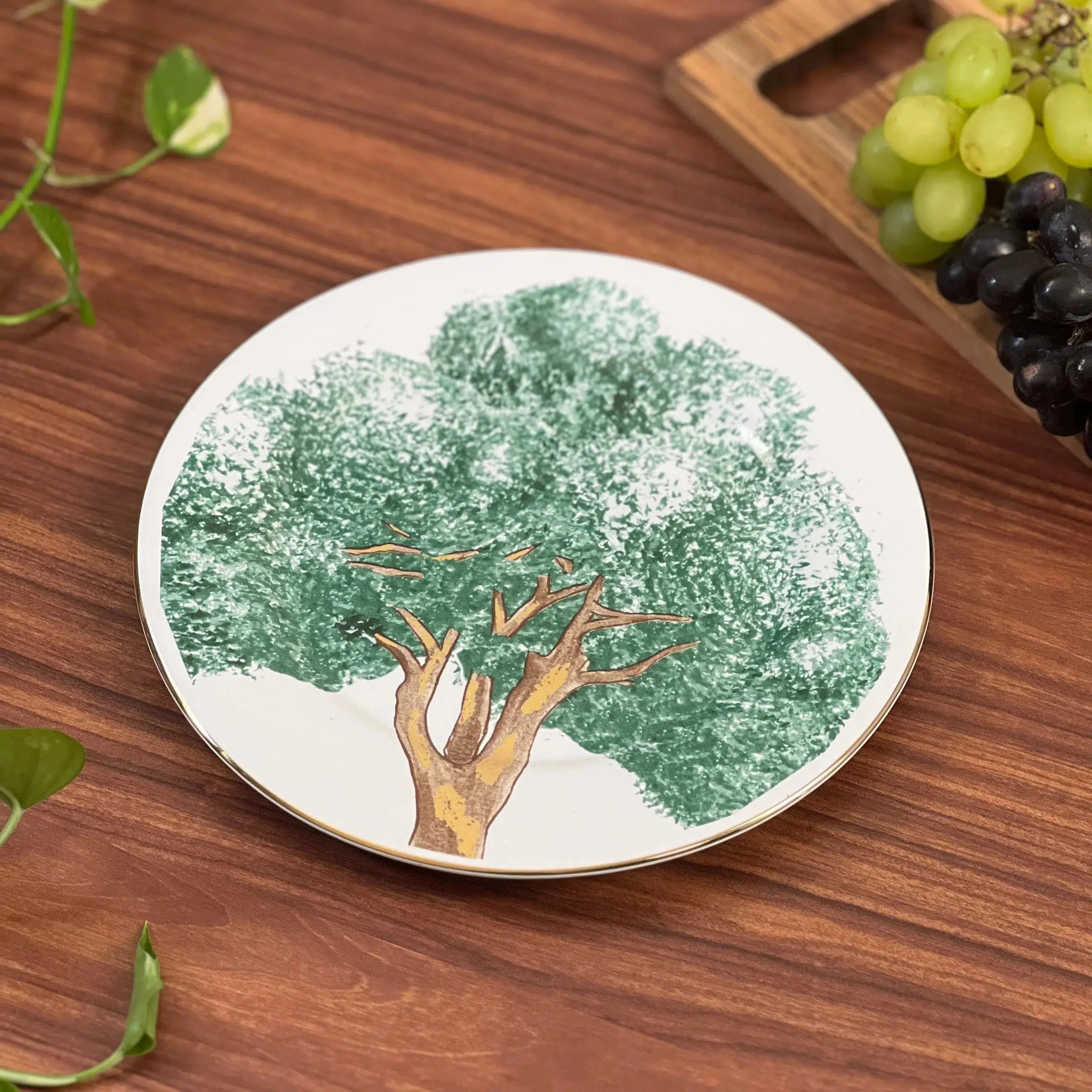 Jogo 6 Pratos de Sobremesa Cerâmica Ypê Verde com Filete de Ouro 21cm Scalla