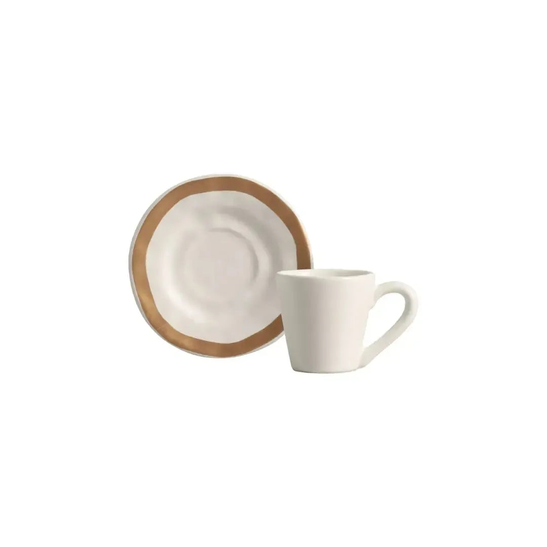 Jogo 6 Xícaras de Café com Pires Cerâmica Bege com Filete Amassada 80ml Scalla