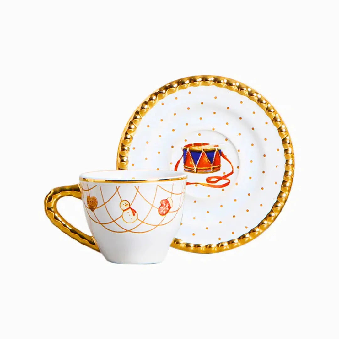 Jogo 6 Xícaras de Café com Pires Cerâmica Toys Christmas com Ouro 100ml Scalla