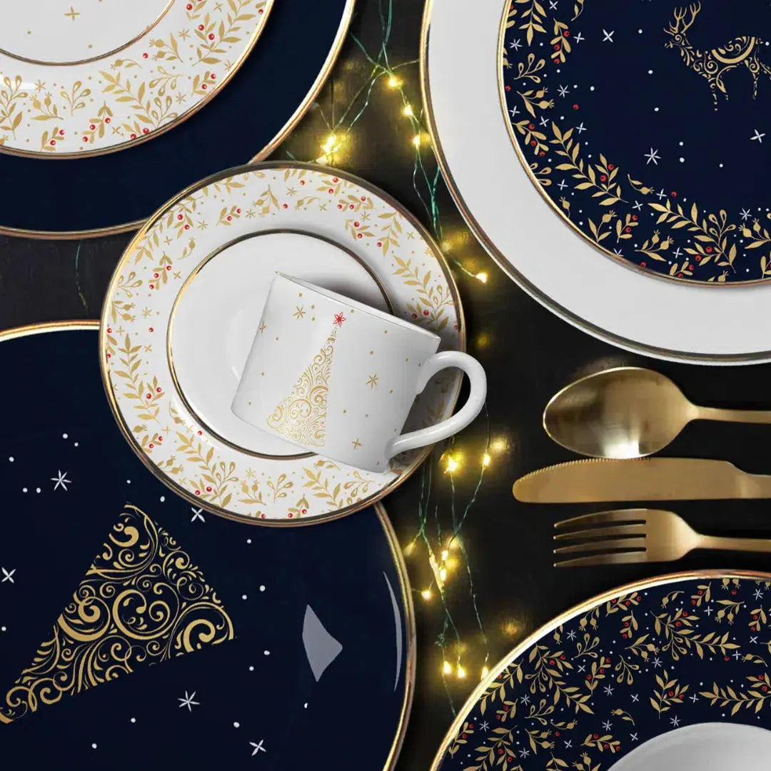 Jogo 6 Xícaras de Chá com Pires Cerâmica Christmas Lights Branco com Ouro 200ml Scalla