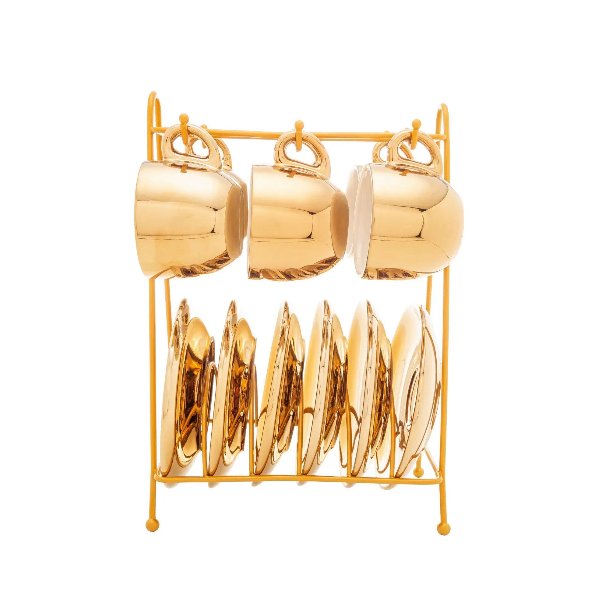 Kit 6 Xícaras de Café Com  Pires e Suporte Porcelana Versa Branco/Dourado 90ml