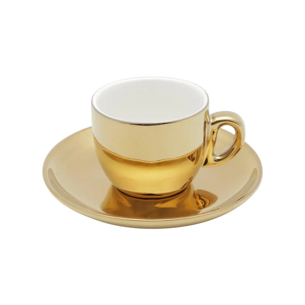Kit 6 Xícaras de Café Com  Pires e Suporte Porcelana Versa Branco/Dourado 90ml