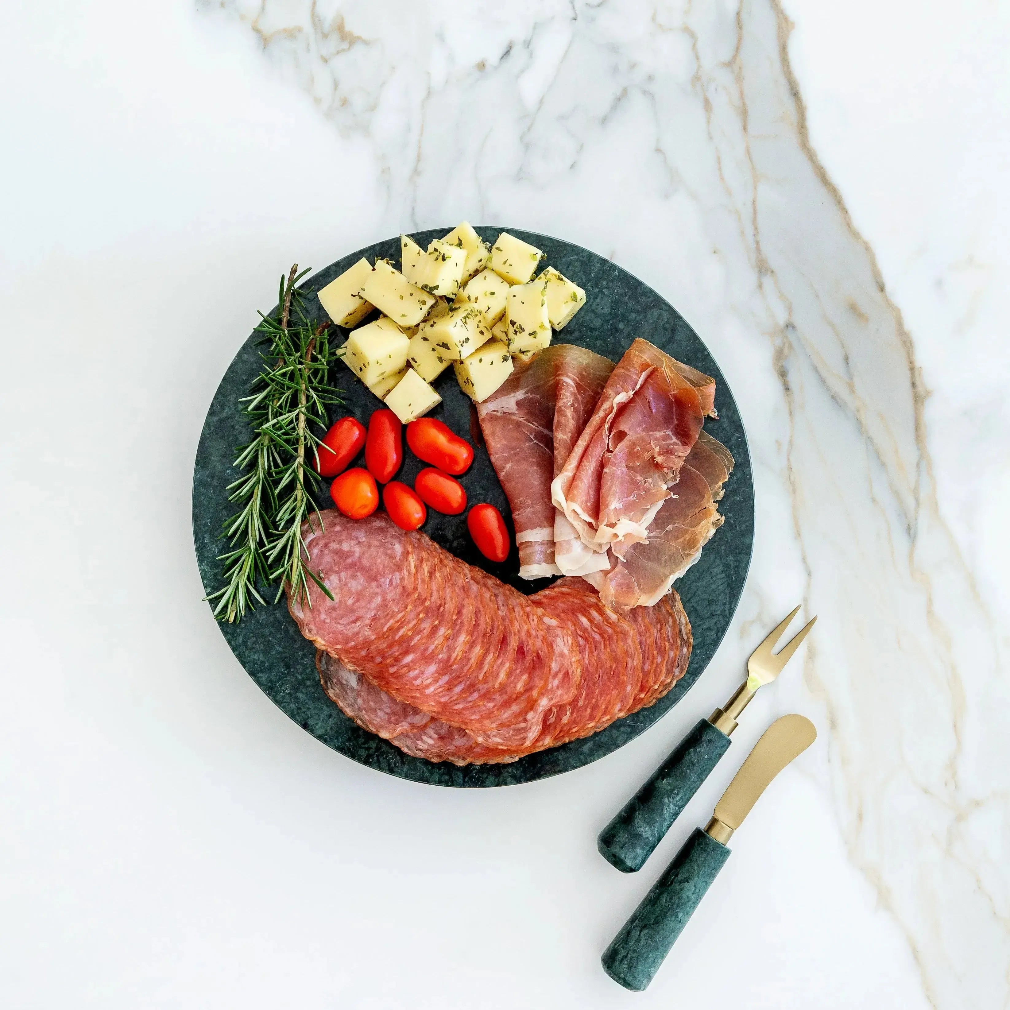 Bandeja Redonda Green Marble Pés Dourado
