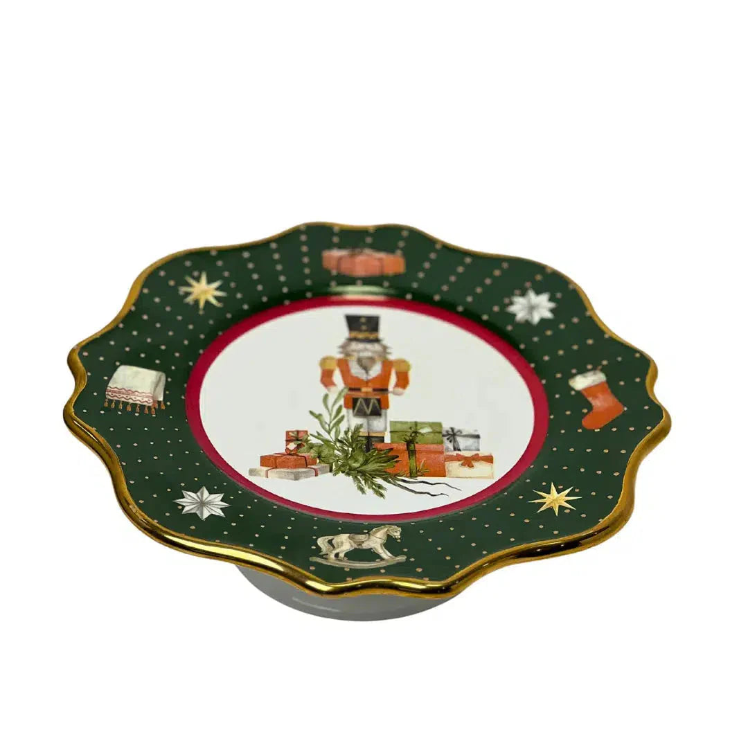 Porta Petit Four com Pé Cerâmica Christmas Gifts  com Ouro Scalla