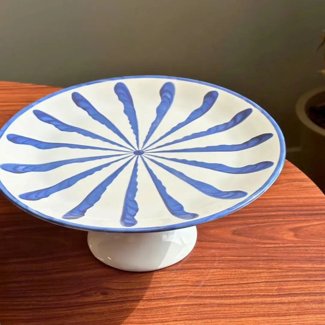 Porta Torta com Pé Cerâmica Piuma Azul Scalla