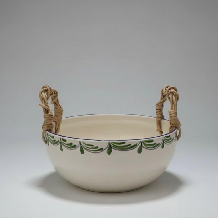 Bowl Redondo Fundo Cerâmica com Alça em Junco Flor de Alcachofra